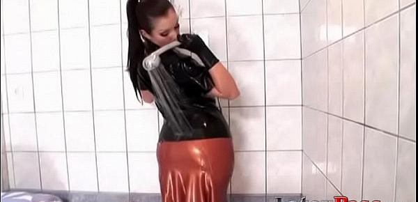  Dashing dyke teases showering in tight latex and high heels